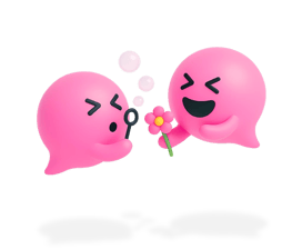 Blabit bubble with closed happy eyes blowing bubbles while giving a flower to another smiling Blabit bubble