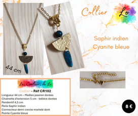 Collier doré Saphir indien connecteur demi-cercle Cyanite bleue Les Couleurs de Lo