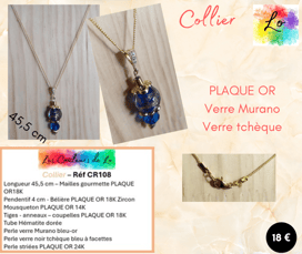 Collier Plaqué or pendentif verre Murano verre tchèque bleu coupelles Plaqué or Les Couleurs de Lo