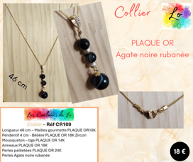 Collier Plaqué or pendentif Agate noire rubanée perles pailletées Les Couleurs de Lo