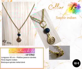 Collier doré Saphir indien anneau métal martelé spirale acier les Couleurs de Lo