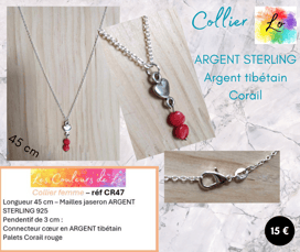 Collier Argent Sterling 925 Corail rouge cœur Argent tibétain Les Couleurs de Lo