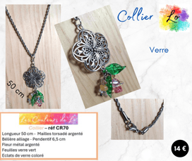 Collier argenté pendentif fleur Argent tibétain verre coloré Les Couleurs de Lo