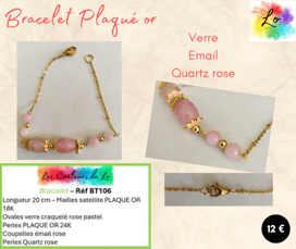 Bracelet Plaqué or verre craquelé rose émail Quartz rose Les Couleurs de Lo