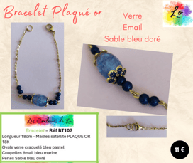 Bracelet Plaqué or verre craquelé bleu émail Sable bleu doré Les Couleurs de Lo