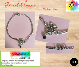 Bracelet argenté nœud celtique acier Malachite Les Couleurs de Lo