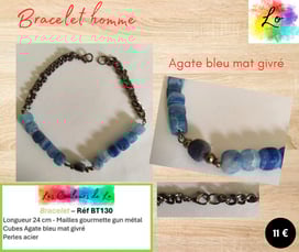 Bracelet gun métal Agate bleu mat givré Les Couleurs de Lo