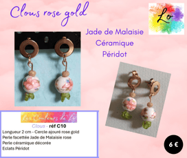 Boucles clous rose gold Jade de Malaisie céramique décorée Péridot Les Couleurs de Lo