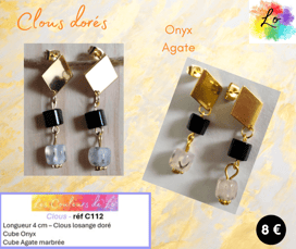 Boucles clous losange dorés Onyx Agate marbrée Les Couleurs de Lo