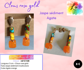 Boucles clous rose gold Jaspe sédiment Agate orange Les Couleurs de Lo