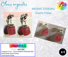 Boucles clous Argent sterling fleur Argent tibétain Quartz fraise Les Couleurs de Lo