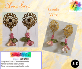 Boucles clous fleur dorée Spinelle rose fleur verre Les Couleurs de Lo