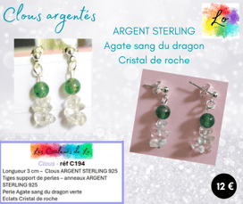 Boucles clous Argent sterling Agate sang du dragon verte Cristal de roche Les Couleurs de Lo