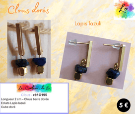 Boucles clous barre dorée Lapis lazuli cube acier doré Les Couleurs de Lo