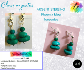 Boucles clous Argent sterling Phoenix bleu Turquoise Les Couleurs de Lo