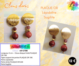 Boucles clous disque Plaqué or Lépidolite Sugilite Les Couleurs de Lo