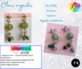 Boucles clous Platine Zircon verre craquelé vert Agate indienne Les Couleurs de Lo