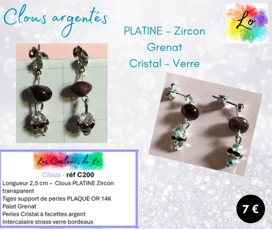 Boucles clous Platine Zircon Grenat verre argenté strass bordeaux Les Couleurs de Lo