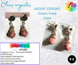 Boucles clous Argent sterling Quartz fraise fleur Argent tibétain Jaspe violet Les Couleurs de Lo