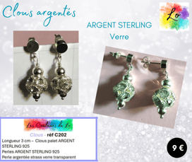 Boucles clous Argent sterling strass verre transparent perles Argent sterling Les Couleurs de Lo