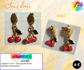 Boucles clous goutte dorée cerise émail Les Couleurs de Lo