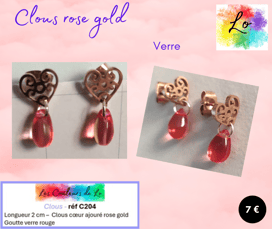 Boucles clous cœur ajouré rose gold goutte verre rouge Les Couleurs de Lo