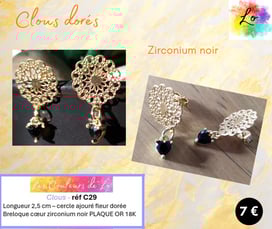 Boucles clous rosace dorée cœur zirconium noir Les Couleurs de Lo