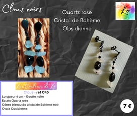 Boucles clous noirs Quartz rose cristal de Bohème noir Obsidienne Les Couleurs de Lo