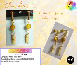 Boucles clous dorés Œil de tigre jaune Jade antique Les Couleurs de Lo