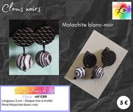 Boucles clous noirs Malachite blanc-noir Les Couleurs de Lo