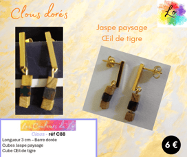 Boucles clous dorés barre acier Jaspe paysage Œil de tigre Les Couleurs de Lo
