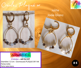 Créoles Plaqué or 1,5 cm Iolite Jade blanc Les Couleurs de Lo