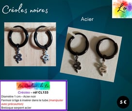 Créoles noires à tige serpent acier Les Couleurs de Lo