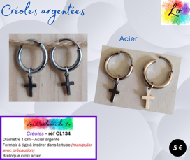 Créoles argentées à tige croix acier Les Couleurs de Lo