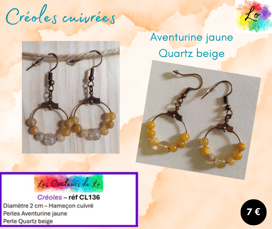 Créoles cuivrées 2 cm Aventurine jaune Quartz beige Les Couleurs de Lo