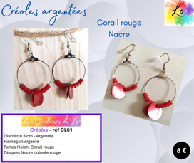Créoles argentées 3 cm disques Nacre rouge Corail rouge Les Couleurs de Lo