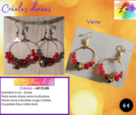 Créoles dorées 3 cm strass verre multicolore verre à facettes rouge Les Couleurs de Lo