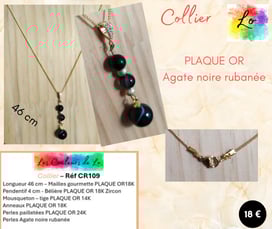 Collier Plaqué or pendentif Agate noire rubanée perles pailletées Les Couleurs de Lo