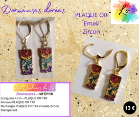Boucles dormeuses Plaqué or rectangle Plaqué or émail multicolore Zircon Les Couleurs de Lo