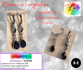 Dormeuses Plaqué or cœur Argent tibétain cristal violet Les Couleurs de Lo