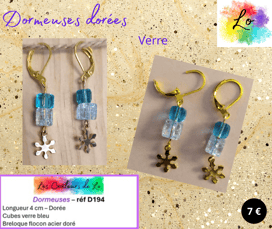 Dormeuses dorées cubes verre bleu flocon acier doré Les Couleurs de Lo