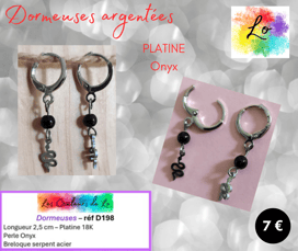 Boucles dormeuses Platine Onyx serpent acier Les Couleurs de Lo