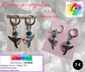 Boucles dormeuses Platine Phoenix bleu colibri acier Les Couleurs de Lo