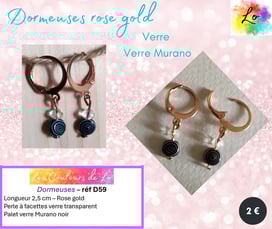 Boucles dormeuses rose gold verre Murano noir verre transparent Les Couleurs de Lo