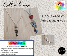 Collier Plaqué argent Agate rouge givrée dragon acier Les Couleurs de Lo