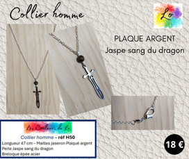 Collier Plaqué argent Jaspe sang du dragon épée acier Les Couleurs de Lo