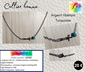 Collier Argent tibétain Turquoise épée acier Les Couleurs de Lo