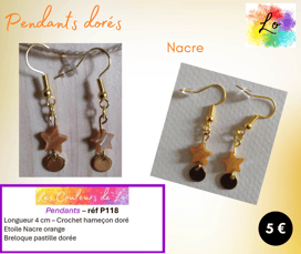 Boucles pendants dorés Nacre orange pastille métal Les Couleurs de Lo