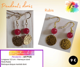 Boucles pendants dorés Rubis disque métal martelé Les Couleurs de Lo