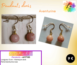 Boucles pendants dorés Aventurine rose Les Couleurs de Lo